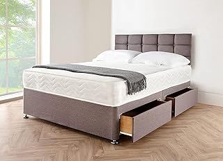 6FT Super King Divan Bed | Grey Linen Fabric Bed Frame 10 Inch Spring Memory Foam Mattress | 20 Inch Cube Headboard 2 Storage Drawers