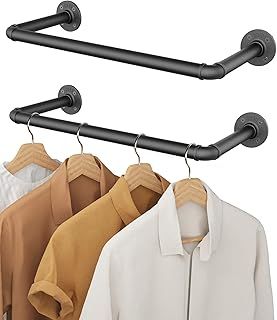 OROPY Industrial Pipe Clothes Bar Rack, Set of 2, 49cm Wall Mounted Detachable Retro Metal Garment Hanging Storage Rail (Double Base)