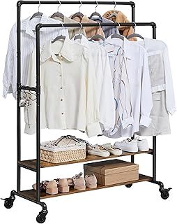 Yaheetech Heavy Duty Clothes Rail, Rolling Clothing Rack With Double Hanging Rod & Shoe Shelves, Clothes Storage with Hooks for Bedroom, Office, Hallway