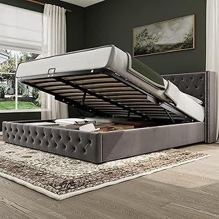 Ottoman Storage Bed with Hydraulic Lever, Upholstered King Size Bed 150 x 200cm, Velvet Ottoman Lift Up King Size Bed Frame, 5FT King Size, No Mattress (Gray)