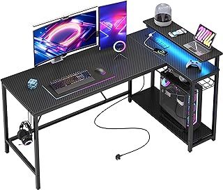 Bestier L Shaped Desk With Power Outlets & LED Lights - 147CM Reversible Gaming Corner Workstation With Shelves, Hooks for Home Office, Studying, Bedroom