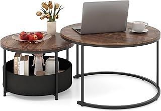 COSTWAY Round Nesting Coffee Tables Set of 2, Stackable Sofa Side Table with Metal Frame & Fabric Storage Basket, Modern Accent Snack Tea End Table for Living Room Bedroom (Rustic Brown + Black)