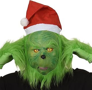 Grinch Mask with Santa Hat Christmas Mask and Gloves Costume Props Scary Latex Full Head Mask for Adults Cosplay Party Props