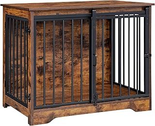 Hzuaneri Dog Crate Furniture, 81 cm Double Door Wooden Dog Crate with Barn Door, Indoor Kennel, End Side Table Wooden Animal Crates for Small Medium Dogs, Anti-Chew Anti-Escape, Rustic Brown DFC83601B