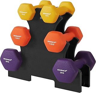 SONGMICS Set of 6 Dumbbells with Storage Stand, Hand Weights with Neoprene Coating, Hexagonal Dumbbells, 1 kg, 1.5 kg, 2 kg, Home Workout, Fitness, Yellow, Orange, and Purple SYL69BK