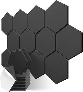 JBER 12 Pack Hexagon Acoustic Panels Beveled Edge Sound Proof Foam Panels Self-adhesive,30x26x1cm High-Density Sound Absorbing Panels Wall For Acoustic Treatment,Home Office (BLACK)