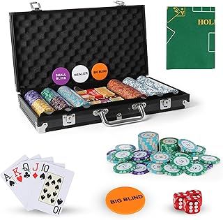 PP · PERFORMANCE Texas Holdem Poker Set with Deluxe Aluminium Case 300 Piece Clay Metal Chips, 2 Decks of Plastic Playing Cards 5 Dice Big Small Blind Button Chips Set