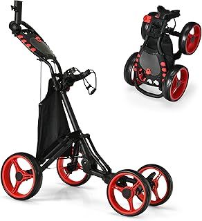 GYMAX 4 Wheels Golf Push Pull Cart, Lightweight Golf Trolley with Storage Bag, Foot Brake, Built-in Cooler and Umbrella Holder, Foldable Convenient Quick Open Golf Bag Holder