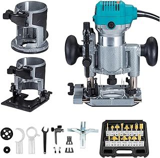Woodworking Router with Trimmer Base, Tilt Base & Plunge Base - Compact Palm Router Multifunctional Kit + 15pcs 1/4" Router Bits, Electric Hand Laminate Trimmer Set Wood Routing Trimming