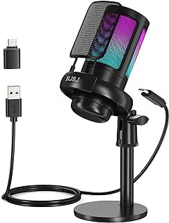 NJSJ USB Microphone for PC, RGB Gaming Mic with Mute Button, Condenser Microphone with Gain knob & Monitoring Jack for Recording, Streaming, Podcasting（Black）