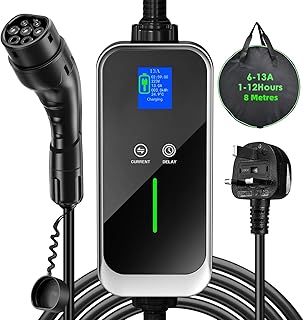 EV Charger Type 2 to 3 Pin Plug, 6/8/10/13A Adjustable Current Electric Car Charger with 1-12 Hours Delay Timer, Type 2 Charging Cable 3 Pin, with OLED Screen&Carry Bag (8M)