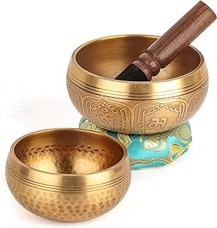 OZCHIN Tibetan Singing Bowls 2-Pack Set 100% Hand-hammered in Nepal with Silk Cushion and Mallet Meditation Yoga Chakra Christmas Xmas Gifts for Women Men