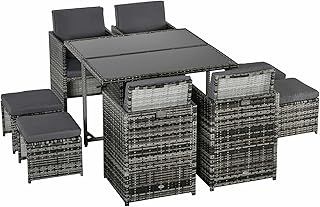 Outsunny 8 Seater Rattan Cube Garden Furniture Set, Rattan Dining Set with Cushions, Outdoor Dining Table and Chairs with 4 Armchairs, 4 Stools, Square Glass Top Table, Mixed Grey