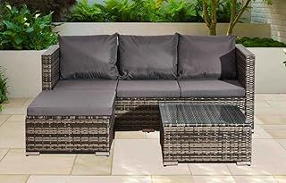 4-Seater L-Shape Mix Grey Rattan Corner Sofa Set 3 Piece Indoor/Outdoor Home Rattan Garden Furniture Sets Patio Wicker Backyard Conservatory Sofa With Glass Top Coffee Table & Cushions
