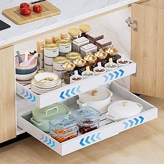 2 Pack Expandable Pull Out Cabinet Organizer Adhesive, Peel And Stick Slide Out Drawers for Kitchen Cabinets,Cabinet Pull Out Shelves For Kitchen Pantry Organization Adjustable Width 12.6"-21"