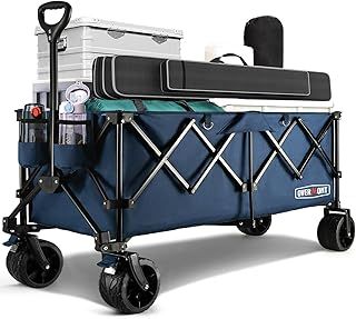 Overmont 300L Extra Large Folding Festival Trolley Cart - All-terrain Wide Wheels and Brake - Heavy Duty Cart Load up 200KG - with Adjustable Handle & Cover Bag - Wagon for Beach Camping Garden blue