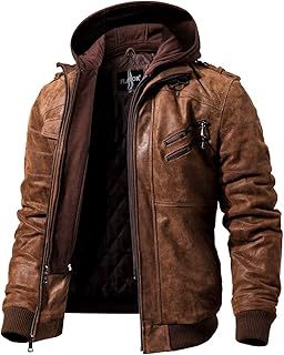 FLAVOR Men's Real Leather Jacket with Removable Hood Brown Genuine Leather