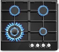 SNDOAS Gas Hob 4 Burners, NG/LPG Convertible, Black Glass Gas Cooker Hob with Wok Burner, Built-in Gas Hob with Flame Failure Protection, 8060W
