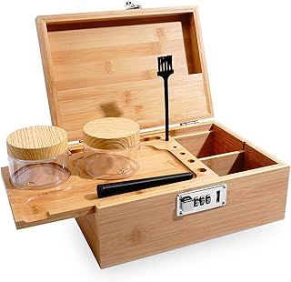 Large Bamboo Storage Box with Combination Lock, Decorative Box Set with Removable Tray, Brush & 2 Storage Jars for Home, Premium Storage Box Set with All Accessories, Perfect for Any Home