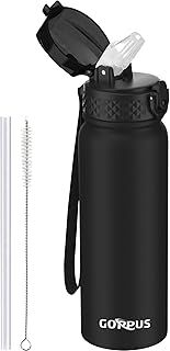 GOPPUS 600ml/20oz Stainless Water Bottle with Straw Double Wall Insulated Bottles with Strap Reusable Vacuum Thermal Flask Leakproof Keep Cold Drinks Bottles with Flip Top Lid for Men Women BPA Free