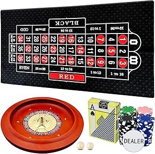 11 inch Solid Roulette Wheel Set for Adults, with 47.2 x 22.8 Inch Double Sided Table Layout Felt Mat, 100 ABS Chips, and Dealer Button Playing Cards Casino Game Sets