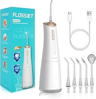 Water Dental Flosser for Teeth Cordless with 300ML 4 Cleaning Modes 5 Jet Tips Portable Oral Irrigator USB-Powered Electric Flosser IPX7 Waterproof Irrigator Dental for Home and Travel White