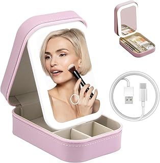 Travel Makeup Bag with Light up Mirror, Portable Makeup Vanity Box with Led Mirror and Lights for Travel, Make up Case Organiser Cosmetic Bag for Women Shopping