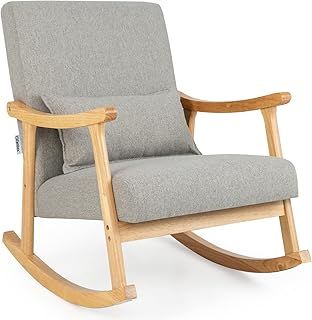 COSTWAY Relax Rocking Chair, Linen Fabric Upholstered Rocker Accent Chair with Lumbar Pillow, Solid Wood Modern Leisure Lounge Armchair for Living Room Bedroom Nursery (Grey+Natural, 78 x 66 x 83cm)