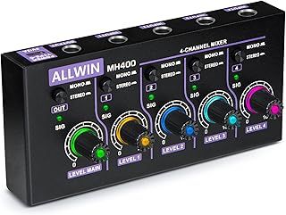4-Channel Line Mixer, ALLWIN Mini Audio Mixer Low Noise DC5V 4in1out Support Mono and Stereo for Sub Mixing, for Microphones/Guitars/Bass/Keyboards/Mixers/Instruments