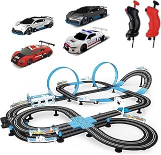 Slot Car Race Track Set, High Speed Series Tram Dual Track Set with 4 Licensed Racing Slot Cars, 2 Hand Controls, Track Parts and Lap Counter, 13.5M Long Track, Black
