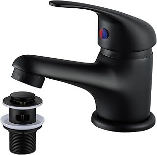 WasserRhythm Black Basin Mixer Tap with Pop Up Waste Bathroom Taps Mixers Monobloc Bathroom Sink Taps Single Handle Basin Taps Faucet with Universal Hoses