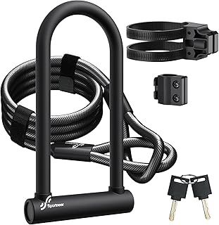 Sportneer Bike Lock, 18mm Heavy Duty Bike U Lock Plus Size with 6Ft/1.8M High Security Steel Cable&Adjustable Mounting Bracket&Key Anti Theft Secure Locks for Bikes, E-Bikes, Motorbikes, 9.5 x 4 in