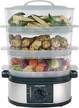 Morphy Richards 3 Tier Food Steamer, 9L, 60 Minute Timer with Bell, Instant Steam Production, Visible Water Gauge, Rice Tray, 750W, Stainless Steel, 48755, Black