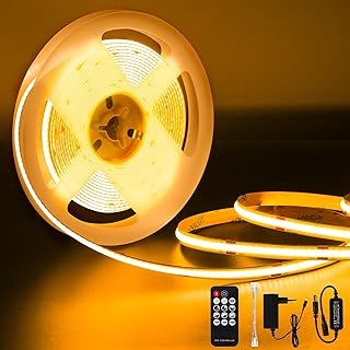 2700k Cob Led Strip, 5M Dimmable, Cob Led Strip Light Set 320leds /M, with Power Supply and Remote Control, CRI90+ Under-Cabinet Light for TV, for Bedroom/Kitchen/Mirror/Home Decoration