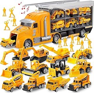 JOYIN 25 in 1 Construction Truck Vehicle Toy Set (Including Transporter Excavator Digger Dumper Tractor) with Sounds and Lights in Carrier Truck, Kids Birthday Gifts for Boys Age 3+
