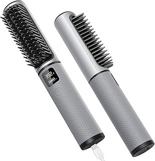 Cordless Hair Straightener Brush, iTayga Portable Hair Straightener Brush for Women with Travel Size, 2 in 1 Negative Ion Hair Straightener Styling Comb, USB Rechargeable 5000MAH, Gray