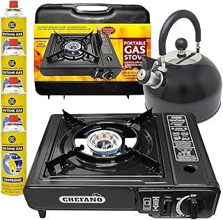3 In 1 Camping Starter Kit - Includes Gas Stove, 4 Gas Bottles & 2.5L Kettle | Premium Burner, Automatic Ignition & Heat Control | Suitable for Fishing, Camping & Hiking | Lightweight, Essentials