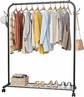 Clothes Rail, Portable Clothes Rack with Hook and Metal Storage Shelf, Heavy Duty Clothes Rail on Wheels, Clothing Rail Clothes Rails for Bedroom, Hanging Rails for Clothes, Holds up to 40 kg, Black