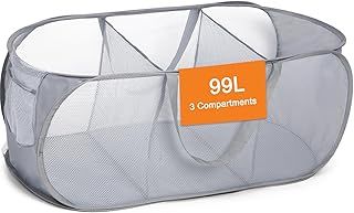 Diggoour Durable Collapsible Laundry Baskets, 3 Compartment Pop Up Laundry Hamper with Handy Pocket, Foldable Clothes Hamper Reinforced Carry Handles for Laundry, Bathroom, Apartment or Travel Grey