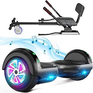 Hoverboard Go Kart with Hoverkart for Kids, 6.5 Inch Two-Wheel Self Balancing Hoverboard with Bluetooth Speaker & LED Lights, Black, Gift for Children