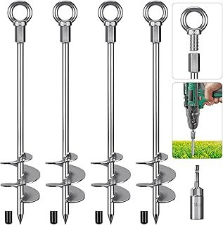Tent Peg, 45cm Heavy Duty Ground Anchor Large Metal Earth Stake Spiral Blade Screw in Trampolines Spike for Swing Set/Camping/Shed/Dog/Carport with Fixed Eyelet, 4 Pack