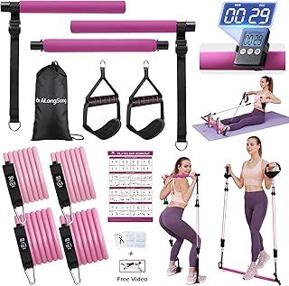 Pilates Equipment Pilates Reformer Bar Set With Resistance Bands 140Lbs/180Lbs For Home Gym Workout Fitness Yoga Twisting Squat Strengthen Muscles Enhance Flexibility Body Shaping