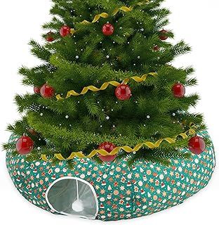 Cat Tunnel Bed Under Christmas Tree 3 ft x 3 ft x 10 Inch With Hanging Ball - Xmas Donut Round Hideaway Holiday Circle Cave Pets Gift (Green, Santa Claus)