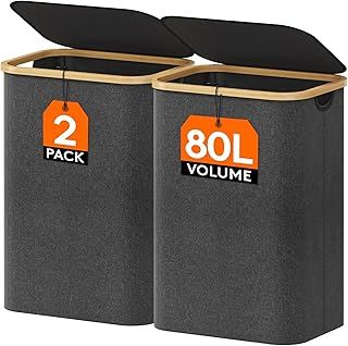 Lifewit 2 Pack 80L Laundry Basket with Lid, Clothes Hampers for Laundry with Bamboo Handles and A Removable Laundry Bag, Large Foldable Laundry Hamper for Bedroom, Bathroom, Dorm, Light Grey