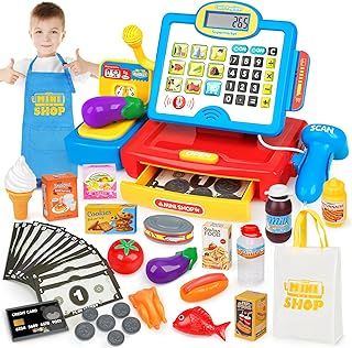 Dreamon Toy Till Cash Register with Scanner for Kids, Mini Kids Shop Play Till for 3 Year Old Girls Boys, Pretend Role Play Money Food Learning Toys Gift for Toddler