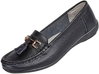 Jo & Joe Nautical Ladies Leather Loafer Shoes, Tassel Flat, Women's Size 7.5-8, Flexible Rubber Grip Sole, Round Toe, Pull-On, 1 inches Heel, Cold Lining, Solid, Low Top, Comfort Wear, Party