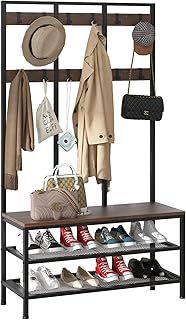 Dripex Large Coat Rack Stand Industrial Coat Stand with Hooks and Shoe Bench Clothes Hat Rack Shelf Metal Frame for Bedroom Living Room Hallway (with 12 Hooks)