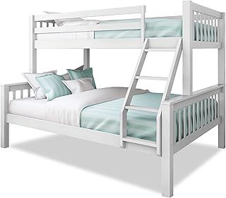 Triple Bunk Bed, 4ft6 Double & 3ft Single Wooden Bunk Beds with Ladder Triple Sleeper Kids Bunk Bed, Solid Pine Wood Frame Children Single Double Bed Frame, White L199cm x W143cm x H144