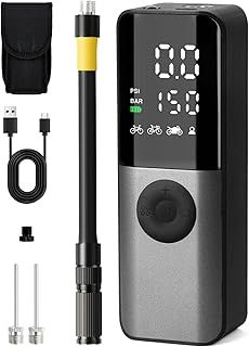 Electric Bike Pump, 150Psi Portable Bicycle Tire Pump with Digital Pressure Gauge for E-Bike, Road and Mountain Bicycle Pump, Mini Bike Pump with Presta, Schrader, Dunlop Valve Accessories