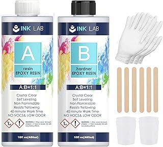 INK LAB Resin Kit, 960ml/32oz Epoxy Resin Kit for Beginners, 1:1 Ratio Crystal Clear Resin Starter Kits with Measuring Cups, Gloves and Sticks